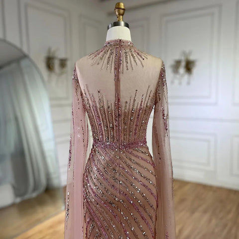 Pink Cape Sleeves Mermaid Split Beaded Luxury Dubai Long Evening Dresses Gowns for Women Wedding Party 2025 LA72449