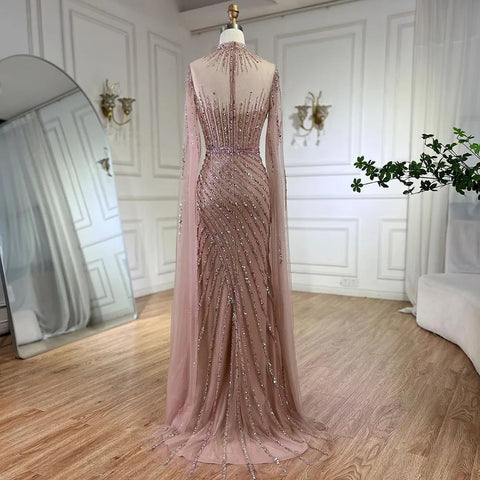 Pink Cape Sleeves Mermaid Split Beaded Luxury Dubai Long Evening Dresses Gowns for Women Wedding Party 2025 LA72449