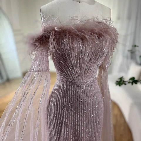 Pink Cape Sleeves Mermaid yellow Evening Dresses Gowns Luxury Beaded Feathers For Women Wedding Party 2025 LA72169A