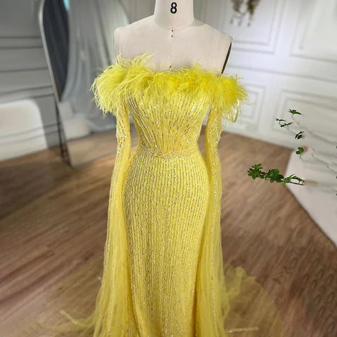 Pink Cape Sleeves Mermaid yellow Evening Dresses Gowns Luxury Beaded Feathers For Women Wedding Party 2025 LA72169A