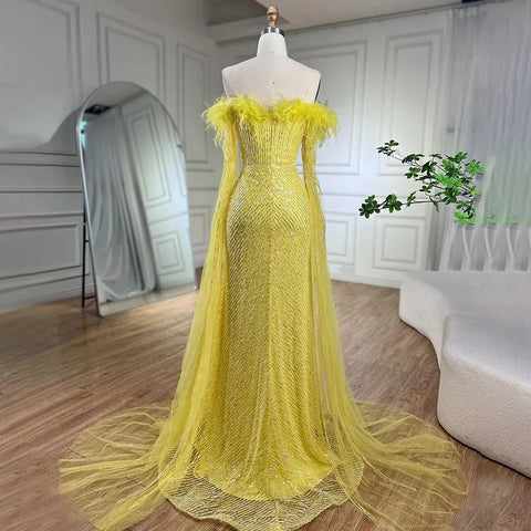 Pink Cape Sleeves Mermaid yellow Evening Dresses Gowns Luxury Beaded Feathers For Women Wedding Party 2025 LA72169A