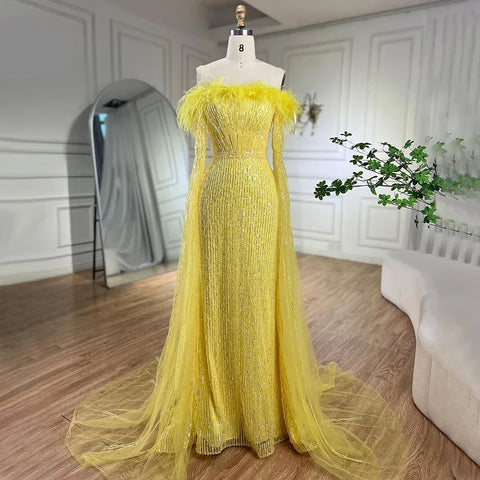 Pink Cape Sleeves Mermaid yellow Evening Dresses Gowns Luxury Beaded Feathers For Women Wedding Party 2025 LA72169A