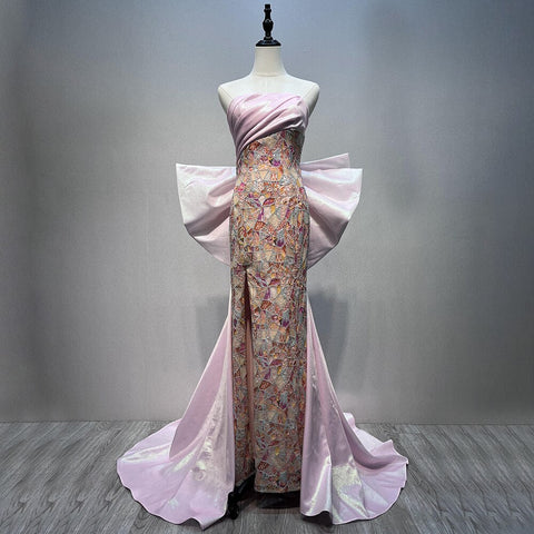 Robe de soirée sirène rose classique, fendue et avec jupe, tenue de soirée pour femmes, modèle Dubaï, LA72111, 2025 