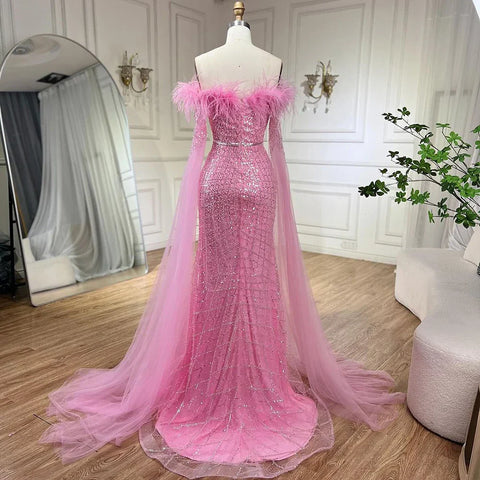 Luxury Feather Pink Evening Dress with Cape Sleeves LA72169B
