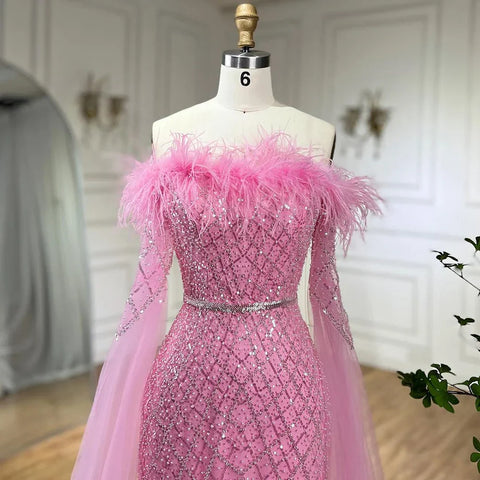 Luxury Feather Pink Evening Dress with Cape Sleeves LA72169B