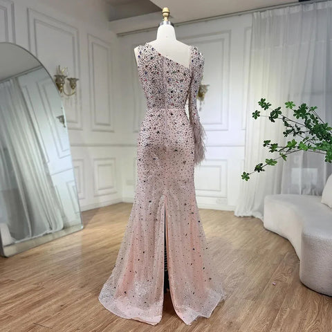 Pink Elegant Mermaid with Skirt Crystal Beaded Feathers Luxury Evening Dress Ladies Wedding Party Dress 2025 LA72377