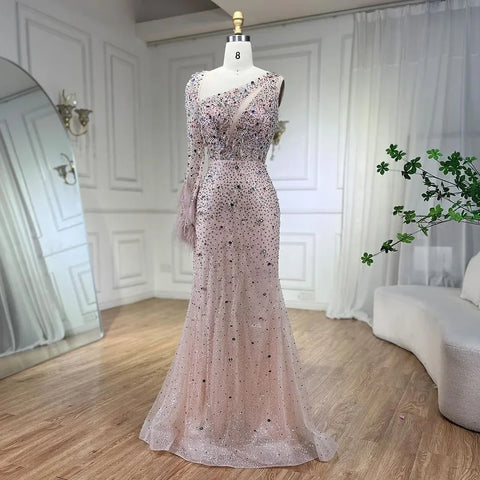 Pink Elegant Mermaid with Skirt Crystal Beaded Feathers Luxury Evening Dress Ladies Wedding Party Dress 2025 LA72377