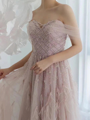 Vestidos de noche sexys con cuentas y plumas rosas, corte A, de lujo, para mujer, fiesta, LA71874 