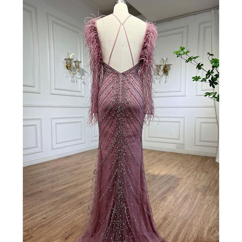 Pink Feathers Mermaid Elegant Long Evening Dresses 2025 Luxury Dubai Gowns for Women Wedding Party LA72116