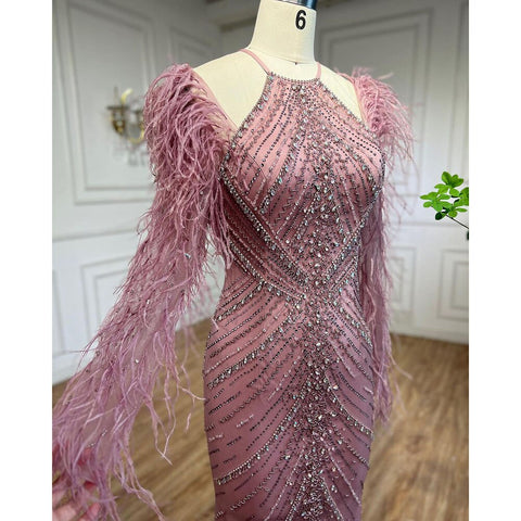 Pink Feathers Mermaid Elegant Long Evening Dresses 2025 Luxury Dubai Gowns for Women Wedding Party LA72116