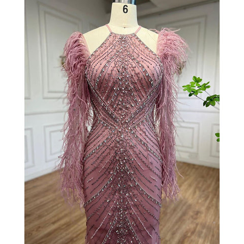 Pink Feathers Mermaid Elegant Long Evening Dresses 2025 Luxury Dubai Gowns for Women Wedding Party LA72116
