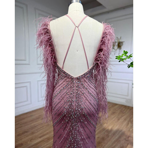 Pink Feathers Mermaid Elegant Long Evening Dresses 2025 Luxury Dubai Gowns for Women Wedding Party LA72116
