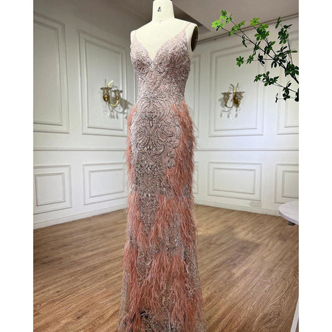 Pink Feathers Mermaid Evening Dresses 2025 Luxury Dubai Gowns for Women Wedding Party LA72105
