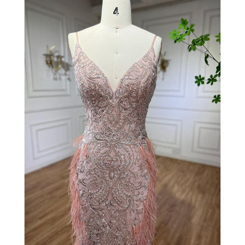 Pink Feathers Mermaid Evening Dresses 2025 Luxury Dubai Gowns for Women Wedding Party LA72105