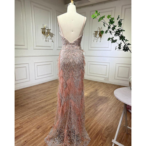 Pink Feathers Mermaid Evening Dresses 2025 Luxury Dubai Gowns for Women Wedding Party LA72105