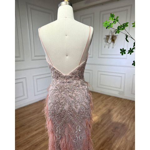Pink Feathers Mermaid Evening Dresses 2025 Luxury Dubai Gowns for Women Wedding Party LA72105