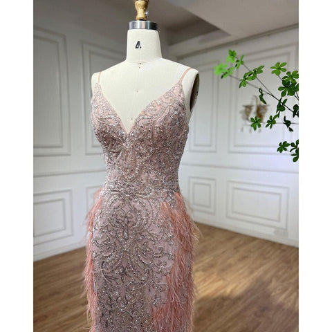 Pink Feathers Mermaid Evening Dresses 2025 Luxury Dubai Gowns for Women Wedding Party LA72105