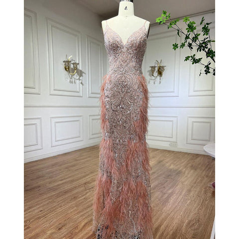 Pink Feathers Mermaid Evening Dresses 2025 Luxury Dubai Gowns for Women Wedding Party LA72105