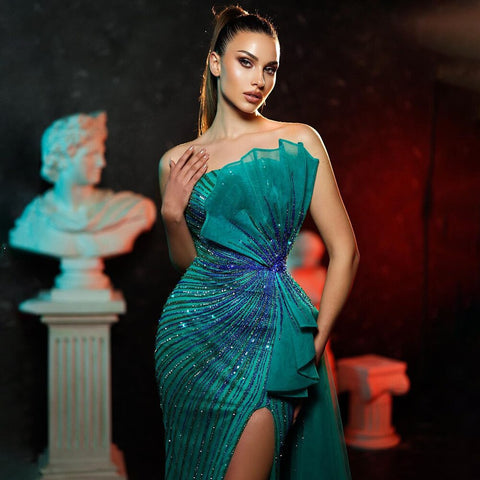 Robe de soirée sirène bustier verte à perles et fente haute, tenue de soirée sexy pour femme, LA72090, 2025