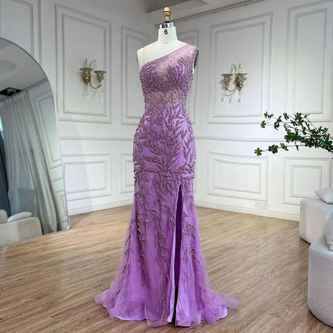 Robe de soirée sirène rose élégante à fente haute, luxueuse, ornée de perles, pour femme, modèle LA71582, 2025 