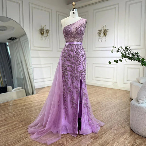 Robe de soirée sirène rose élégante à fente haute, luxueuse, ornée de perles, pour femme, modèle LA71582, 2025 