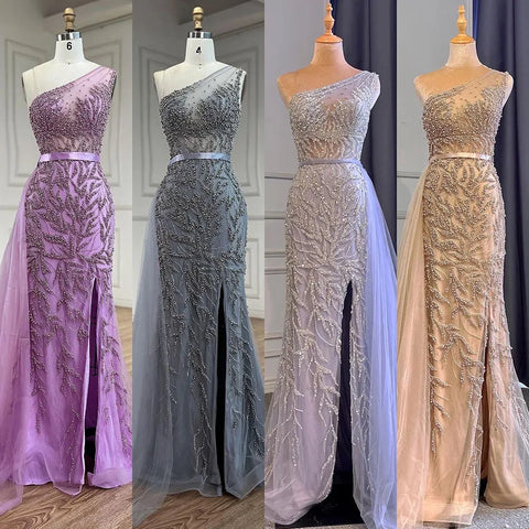 Robe de soirée sirène rose élégante à fente haute, luxueuse, ornée de perles, pour femme, modèle LA71582, 2025 