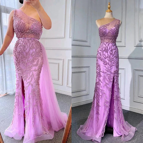 Robe de soirée sirène rose élégante à fente haute, luxueuse, ornée de perles, pour femme, modèle LA71582, 2025 