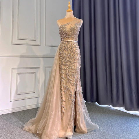 Robe de soirée sirène rose élégante à fente haute, luxueuse, ornée de perles, pour femme, modèle LA71582, 2025 