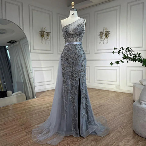 Robe de soirée sirène rose élégante à fente haute, luxueuse, ornée de perles, pour femme, modèle LA71582, 2025 