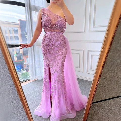 Robe de soirée sirène rose élégante à fente haute, luxueuse, ornée de perles, pour femme, modèle LA71582, 2025 