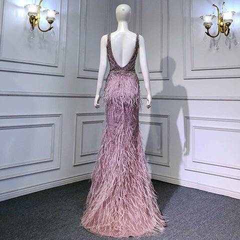 Pink High Split Mermaid Evening Dresses Gowns 2025 Backless Luxury Beaded Feather For Women Party LA71583