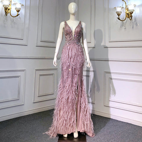 Pink High Split Mermaid Evening Dresses Gowns 2025 Backless Luxury Beaded Feather For Women Party LA71583