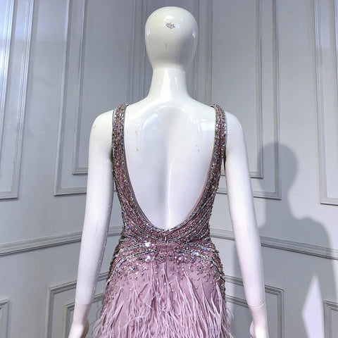 Pink High Split Mermaid Evening Dresses Gowns 2025 Backless Luxury Beaded Feather For Women Party LA71583