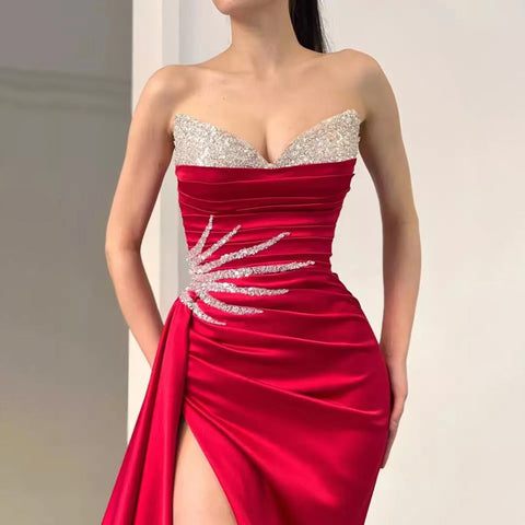 Pink High Split Overskirt Evening Dresses Gowns 2025 Satin Beaded Elegant Mermaid For Women Party LA71615