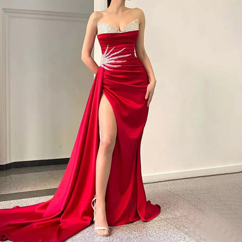 Pink High Split Overskirt Evening Dresses Gowns 2025 Satin Beaded Elegant Mermaid For Women Party LA71615