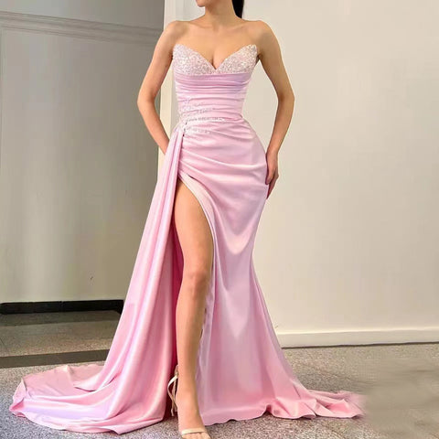 Pink High Split Overskirt Evening Dresses Gowns 2025 Satin Beaded Elegant Mermaid For Women Party LA71615