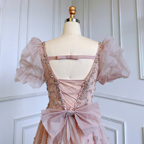 Pink Luxury A Line Beaded Sexy Lace Up  Short Sleeves Evening Dresses Gowns 2025 For Women Party LA71773