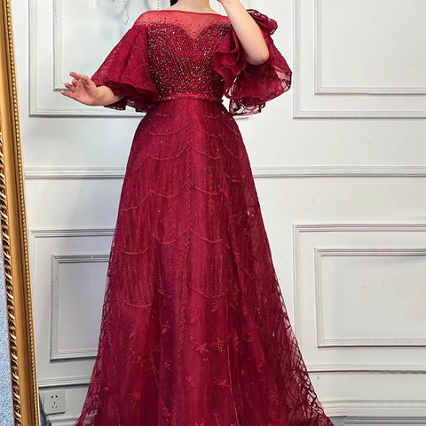 Pink Luxury A-Line Evening Dresses Gowns 2025 Flare Sleeves Beaded For Women Party LA71600