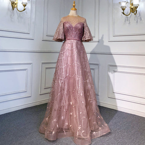 Pink Luxury A-Line Evening Dresses Gowns 2025 Flare Sleeves Beaded For Women Party LA71600