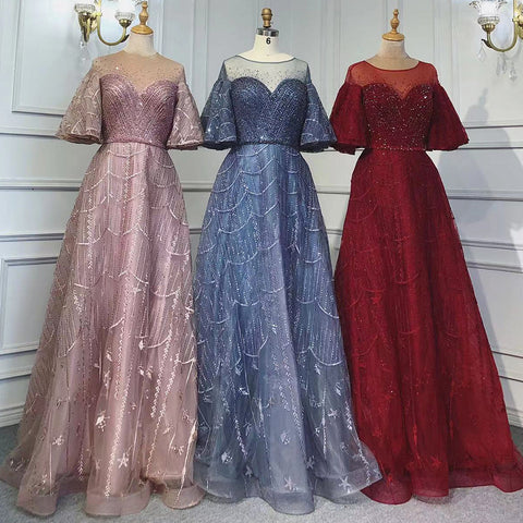 Pink Luxury A-Line Evening Dresses Gowns 2025 Flare Sleeves Beaded For Women Party LA71600