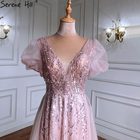 Pink Luxury Overskirt Evening Dresses Gowns 2025 Beaded Puffy Short Sleeves For Women Party LA71361