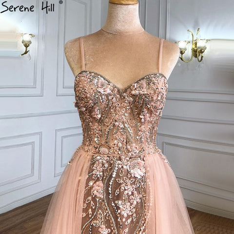 Pink Luxury Overskirt Evening Dresses Gowns 2025 Spaghetti Strap Beaded Mermaid For Woman Party LA71216