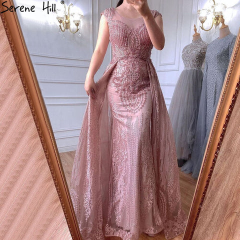 Pink Luxury With Overskirt Evening Dresses Gowns 2025 Lace Beaded Crystal Mermaid For Woman Party  LA71080