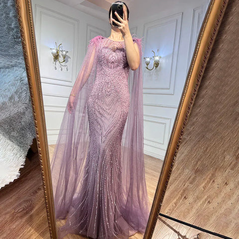 Pink Mermaid Elegant Cape Sleeves Evening Dresses Gowns 2025 Luxury Feathers Beaded For Women Party LA71709