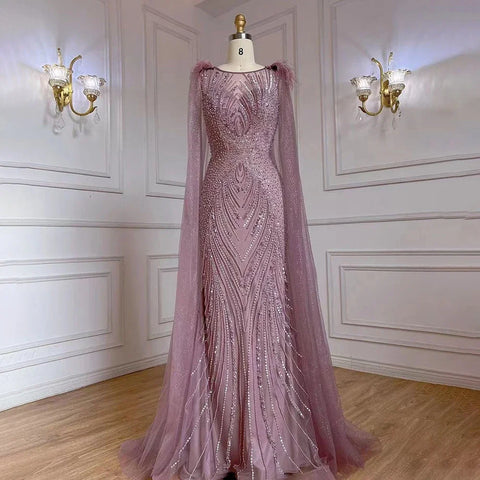 Pink Mermaid Elegant Cape Sleeves Evening Dresses Gowns 2025 Luxury Feathers Beaded For Women Party LA71709