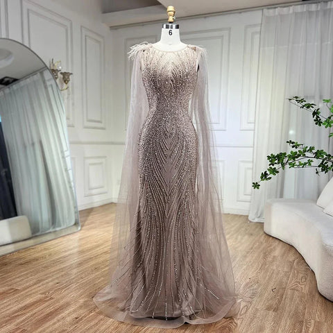 Pink Mermaid Elegant Cape Sleeves Evening Dresses Gowns 2025 Luxury Feathers Beaded For Women Party LA71709