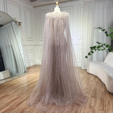 Pink Mermaid Elegant Cape Sleeves Evening Dresses Gowns 2025 Luxury Feathers Beaded For Women Party LA71709