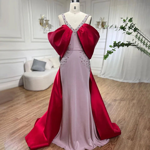 Vestido de noche de sirena de lujo árabe rosa burdeos con capa LA72121