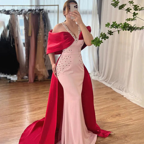Vestido de noche de sirena de lujo árabe rosa burdeos con capa LA72121