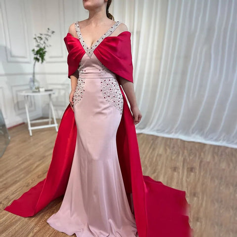 Vestido de noche de sirena de lujo árabe rosa burdeos con capa LA72121